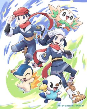 Rule 34 | 1boy, 1girl, :d, akari (pokemon), black hair, commentary, cyndaquil, english commentary, eyelashes, floating scarf, galaxy team survey corps uniform, gen 2 pokemon, gen 4 pokemon, gen 7 pokemon, grey eyes, hand on headwear, hat, headscarf, highres, jacket, kelvin-trainerk, logo, long hair, nintendo, open mouth, pantyhose, piplup, pokemon, pokemon (creature), pokemon legends: arceus, red hat, red scarf, rei (pokemon), rowlet, scarf, shoes, sidelocks, skirt, smile, socks, teeth, twitter username, upper teeth only, white socks, yellow shoes