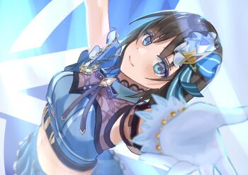 1girl absurdres aoi_erika arms_up black_hair black_ribbon blue_background blue_eyes blue_ribbon blue_shirt blue_skirt blurry blurry_foreground blush bow breasts brown_hair closed_mouth crop_top cropped_shirt depth_of_field frilled_skirt frills gloves hair_bow hair_ornament hair_ribbon heaven_burns_red highres idol idol_clothes looking_at_viewer medium_breasts midriff navel neck_ribbon outstretched_arms reaching reaching_towards_viewer ribbon see-through_clothes shirt short_hair skirt sleeveless sleeveless_shirt smile solo upper_body white_gloves windxypo
