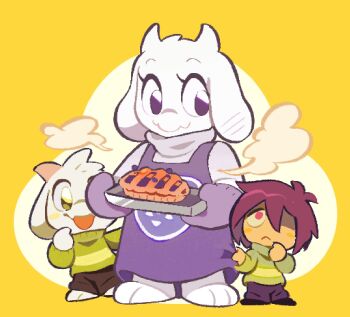 1boy 1girl 1other ache13337003 animal_ears asriel_dreemurr black_pants chara_(undertale) chibi closed_mouth deltarune food furry furry_female furry_male goat_boy goat_girl green_sweater hair_between_eyes highres horns open_mouth oven_mitts pants pie red_eyes red_hair simple_background steam sweater toriel undertale utdr_(toby_fox)