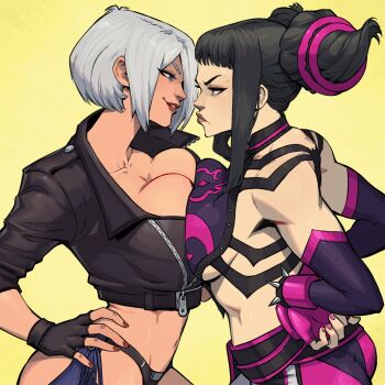 Rule 34 | 2girls, absurdres, angel (kof), asymmetrical docking, black hair, blue eyes, bracelet, breast contest, breast press, breasts, clash of breasts (meme), cleavage, commission, confrontation, crop top, cropped jacket, danusko, drill hair, elbow gloves, eye contact, face-to-face, faceoff, fingerless gloves, glaring, gloves, hair horns, hair over one eye, halterneck, han juri, highres, jacket, jewelry, large breasts, leather, leather jacket, lightning glare, looking at another, medium breasts, midriff, multicolored hair, multiple girls, nail polish, navel, purple eyes, rivalry, second-party source, short hair, smile, snk, spiked bracelet, spikes, stare down, street fighter, street fighter iv (series), symmetrical docking, the king of fighters, the king of fighters 2001, the king of fighters xiv, toned, underwear, white hair, yellow background, yuri