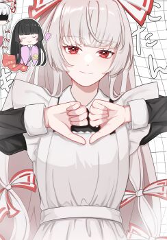 2girls alternate_costume apron black_dress black_hair blunt_bangs bow chibi closed_eyes closed_mouth dress fujiwara_no_mokou hair_bow hair_ribbon heart heart_hands highres hime_cut houraisan_kaguya long_hair long_sleeves looking_at_viewer luuu_u_u maid maid_apron multiple_girls pink_shirt red_eyes red_skirt ribbon shirt skirt smile thumbs_down thumbs_down_heart_hands touhou very_long_hair white_hair