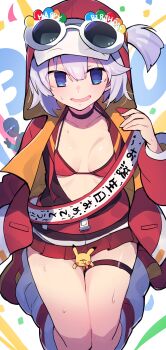 1girl absurdres between_thighs bikini birthday_sash black_choker blue_eyes borrowed_character breasts breasts_apart choker choppy_bangs commentary_request cowboy_shot eyewear_on_head full_body gen_1_pokemon grey_hair hair_between_eyes hand_up happy_birthday highres hood hood_up hooded_jacket jacket long_sleeves looking_at_viewer matsumoto_tomoyohi miniskirt nintendo one_side_up open_clothes open_jacket open_mouth original pikachu pokemon red_bikini red_jacket red_skirt short_hair skirt small_breasts smile solo_focus sunglasses sweat swimsuit thigh_strap thighs upper_body