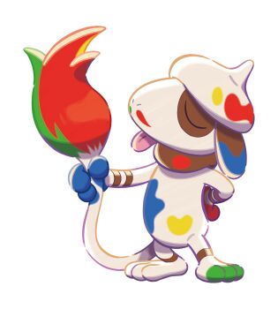 closed_eyes commentary english_commentary full_body gen_2_pokemon hand_on_own_hip highres holding_own_tail nintendo no_humans nostrils outline paint_on_body paint_on_hands pokemon pokemon_(creature) pokemon_focus pokemon_pokopia smeargle smearguru solo standing tail tongue tongue_out transparent_background white_outline