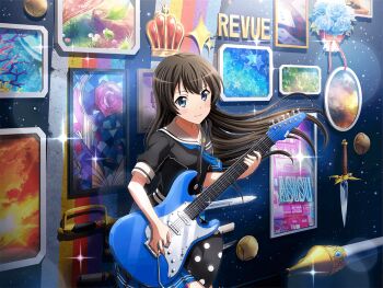 1girl badge black_dress black_hair blue_eyes blue_neckerchief bouquet closed_mouth cosplay crown_ornament dress electric_guitar floating_hair flower game_cg guitar gun hanazono_tae hanazono_tae_(cosplay) handgun holding holding_guitar holding_instrument holding_plectrum instrument kagura_hikari knife lance long_hair looking_at_viewer neckerchief official_art picture_frame plectrum polearm rapier revolver sailor_collar shoujo_kageki_revue_starlight shoujo_kageki_revue_starlight_-re_live- sidelocks smile solo sparkle standing sword upper_body v-shaped_eyebrows weapon white_sailor_collar