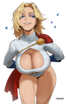 1girl absurdres arms_behind_back bent_over blonde_hair blue_eyes blue_gloves breasts cape cleavage_cutout clothing_cutout commentary cowboy_shot dc_comics english_commentary eyeshadow gloves grin highres huge_breasts leotard makeup power_girl purple_eyeshadow red_cape simple_background smile solo superhero_costume thojad twitter_username white_background white_leotard