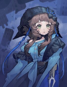 1girl :o black_coif black_skirt blue_background blue_shirt blunt_bangs brown_hair building chinese_commentary chinstrap coif commentary_request coppelia_(reverse:1999) freckles frilled_straps green_eyes highres mechanical_arms medium_hair mingzhaichuan prosthesis prosthetic_arm rain reverse:1999 shirt single_mechanical_arm single_off_shoulder skirt solo tied_shirt upper_body