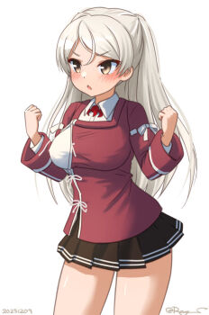 1girl blush breasts brown_eyes conte_di_cavour_(kancolle) cosplay grey_hair japanese_clothes kantai_collection kariginu large_breasts long_hair long_sleeves looking_at_viewer one-hour_drawing_challenge open_mouth pleated_skirt ray.s ryuujou_(kancolle) ryuujou_(kancolle)_(cosplay) skirt smile solo two_side_up undersized_clothes white_background
