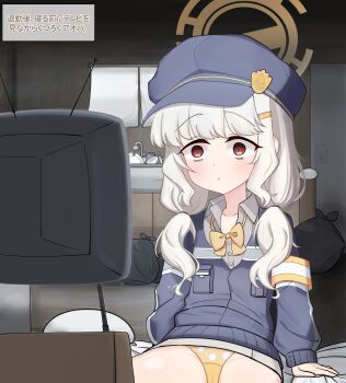 1girl absurdres aoba_(blue_archive) armband bags_under_eyes black_hat black_jacket blue_archive bow bowtie collared_shirt dodri grey_shirt hair_ornament hairclip hat highres indoors jacket loli long_hair long_sleeves panties parted_lips polka_dot polka_dot_panties red_eyes shirt sitting solo television translation_request trash_bag underwear white_hair yellow_armband yellow_bow yellow_bowtie yellow_panties