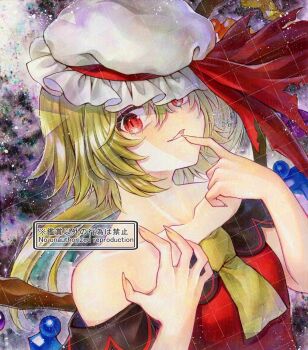 Rule 34 | 1girl, alternate costume, alto2019, blonde hair, collarbone, commentary request, crystal, crystal wings, dress, flandre scarlet, hat, hat ribbon, highres, looking at viewer, mob cap, multicolored wings, off-shoulder dress, off shoulder, open mouth, red eyes, red ribbon, ribbon, sample watermark, signature, smile, solo, torn ribbon, touhou, touhou gensou eclipse, watermark, watermark grid, white hat, wings