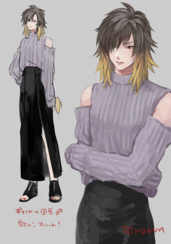 1boy albel_nox blonde_hair closed_mouth hair_over_one_eye lips long_skirt male_focus multicolored_hair nail_polish red_eyes rinoko side_slit simple_background skirt sleeves_past_wrists solo star_ocean star_ocean:_till_the_end_of_time sweater toenail_polish toenails