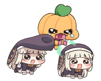 3girls all_fours chibi commentary_request crying crying_with_eyes_open diamond_wa_kudakenai jojo_no_kimyou_na_bouken long_hair meme multiple_girls nipruku parody pompadour pumpkin_costume speaki_(trickcal) speakiposting_(meme) stand_(jojo) tears trickcal white_background