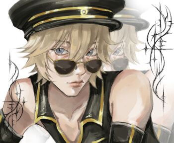 1boy alternate_costume blonde_hair blue_eyes commentary english_commentary hat highres kagamine_len kagamine_len_(punkish) lips looking_at_viewer male_focus nose short_hair simple_background solo sunglasses v3raxyy vocaloid white_background zoom_layer