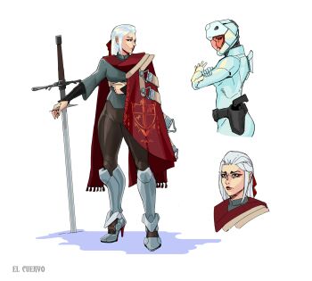 Rule 34 | 1girl, armor, armored boots, boots, cape, el cuervo, gun, helmet, highres, lancer rpg, mecha pilot suit, simple background, sword, weapon, white hair, zweihander