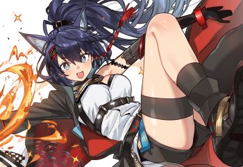 1girl absurdres animal_ear_fluff animal_ears arknights arm_out_of_sleeve asymmetrical_legwear belt black_boots black_coat black_gloves black_shorts black_socks black_thighhighs blaze_(arknights) blaze_the_igniting_spark_(arknights) blue_eyes blue_hair boots breasts bright_pupils coat ebora elbow_gloves extra_ears fang fire gloves high_ponytail highres long_hair looking_at_viewer medium_breasts open_mouth outstretched_arms ponytail ringed_eyes shirt short_shorts shorts single_sock single_thighhigh socks solo sparkle spread_arms thigh_strap thighhighs uneven_legwear white_background white_pupils white_shirt