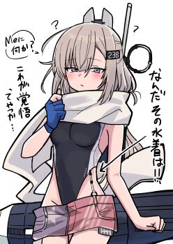 Rule 34 | 1girl, ?, absurdres, american flag, american flag print, black one-piece swimsuit, blue gloves, blush, breasts, brown hair, closed mouth, commentary, denim, denim skirt, flag print, gloves, grey eyes, hair between eyes, headgear, highleg, highleg one-piece swimsuit, highres, kantai collection, medium breasts, nyanzai-sensei, one-piece swimsuit, red scarf, rigging, scarf, simple background, single glove, skirt, solo, swimsuit, translation request, wahoo (kancolle), white background, white scarf