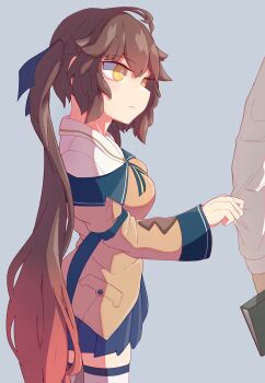 1girl 1other absurdres artworks/84584067 blue_background book breasts brown_hair girls&#039;_frontline gradient_hair highres llpfmfc m14_(girls&#039;_frontline) medium_breasts multicolored_hair tugging yellow_eyes