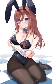 1girl :/ alternate_costume animal_ears arms_under_breasts bare_shoulders black_hairband black_leotard blue_bow blue_bowtie blue_eyes blue_nails bow bowtie breasts brown_hair brown_pantyhose checkered_floor closed_mouth collarbone commentary fake_animal_ears go-toubun_no_hanayome hairband high_heels highres large_breasts leotard long_bangs long_hair looking_at_viewer nakano_miku pantyhose playboy_bunny profnote rabbit_ears raised_eyebrows sitting solo thighs white_background wrist_cuffs yokozuwari