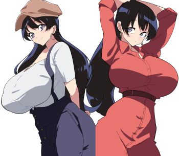 1girl 2girls alternate_costume arato_nagi arms_behind_back arms_up ass_press black_hair blue_eyes blush breasts coat doppelganger earrings huge_breasts jewelry kuraido_(kuraid_draw) long_hair looking_at_viewer multiple_girls overalls ruri_no_houseki smile white_background