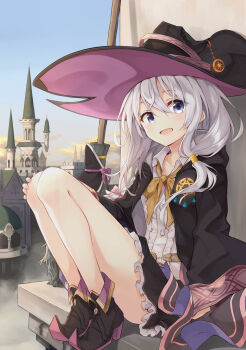 1girl azuuru_(azure0608) bare_legs black_hat blue_eyes blush broom building castle cloak cloud commentary_request cover cover_page day elaina_(majo_no_tabitabi) fantasy female_focus hat highres long_hair looking_at_viewer majo_no_tabitabi messy_hair novel_cover official_art open_mouth original outdoors pointy_shoes shirt shoes silver_hair sitting skirt sky smile solo textless_version tower white_shirt witch witch_hat