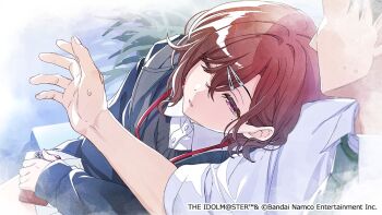 Rule 34 | 1boy, 1girl, brown hair, collared shirt, copyright notice, faceless, faceless male, higuchi madoka, idolmaster, idolmaster shiny colors, mole, mole under eye, official art, producer (idolmaster), purple eyes, shirt, short hair, white shirt