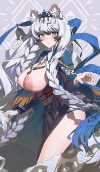 1girl absurdres airseal animal_ear_fluff animal_ears arknights bell blush braid breasts bright_pupils closed_mouth commentary cowboy_shot green_eyes grey_background grey_hair grey_tail hair_between_eyes hair_ornament highres inverted_nipples jewelry large_areolae large_breasts long_hair long_sleeves looking_at_viewer necklace nipples pramanix_(arknights) pramanix_the_prerita_(arknights) solo standing tail twin_braids very_long_hair white_pupils