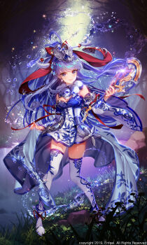 1girl blue_eyes blue_hair breasts bubble cleavage commission detached_sleeves dress floating_hair grass hair_ornament highres holding kiwikong long_hair looking_at_viewer medium_breasts moon night original outdoors sensitive smile solo sparkle staff standing thighhighs tree very_long_hair white_thighhighs