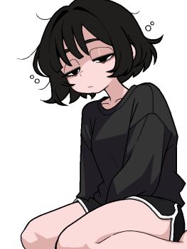 1girl arm_between_legs bags_under_eyes black_hair black_shirt black_shorts commentary_request hair_intakes half-closed_eyes ji_heeeeeee korean_commentary messy_hair original partial_commentary seiza shirt short_hair shorts simple_background sitting sleepy solo squeans white_background