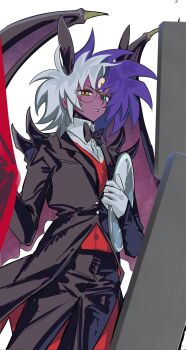 animal_ears blue_hair demon_girl demon_horns demon_wings facial_mark formal_clothes gloves green_eyes heterochromia highres holding holding_tray horns messy_hair monocle orange_eyes rabbit_ears spiked_hair suit tawashipurin third_eye tray white_gloves white_hair wings yu-gi-oh! yu-gi-oh!_gx yubel