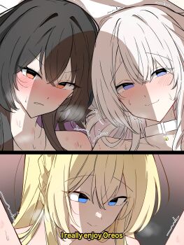 Rule 34 | 3girls, between legs, bite mark, bite mark on neck, black hair, blonde hair, blue eyes, braid, choker, closed mouth, commentary, english text, hashtag-only commentary, hickey, highres, jay jay1519, koto satsuki, long hair, lucie lefebvre, multiple girls, orange eyes, ouzuka mai, parted lips, side braid, smile, sweat, watashi ga koibito ni nareru wake naijan murimuri!, white choker, white hair, yuri