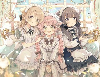 3girls :d :o animal animal_ears apron baby_animal bird black_bow black_dress black_pantyhose blue_sky blurry blurry_foreground blush bow braid brown_eyes brown_hair center_frills chick closed_mouth cloud collared_shirt commentary_request couch crescent cube cup curtains day depth_of_field dress dress_shirt duplicate floral_print flower frilled_apron frills fushigi_na_neko_no_machi_meltier green_eyes grey_dress grey_shirt hair_bow hands_on_another's_shoulders hanging_light highres holding holding_cup holding_saucer indoors light_bulb long_sleeves low_twintails maid maid_apron maid_headdress makia_(fushigi_na_neko_no_machi_meltier) moco_(fushigi_na_neko_no_machi_meltier) multiple_girls on_couch open_mouth pantyhose parted_lips pennant pink_hair print_pantyhose puffy_long_sleeves puffy_sleeves rainbow rucora_(fushigi_na_neko_no_machi_meltier) sakura_oriko saucer shirt sky sleeveless sleeveless_dress smile star_(symbol) striped_clothes striped_pantyhose teacup twin_braids twintails vertical-striped_clothes vertical-striped_pantyhose white_apron white_flower white_pantyhose white_shirt window