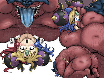 1boy 1girl age_regression aged_down balancile blonde_hair blue_eyes blue_hair blue_tongue blush colored_skin colored_tongue commentary_request earrings elbow_gloves eye_mask fat fat_man forehead_jewel french_kiss gloves hair_ornament heterochromia highres jewelry kiss loli mask mating_press metaboru_(shinrabanshou) multicolored_hair multiple_views open_mouth red_eyes red_hair red_skin saliva saliva_trail sex sharp_teeth shinrabanshou size_difference tears teeth tongue tongue_out urushi_uroro white_gloves
