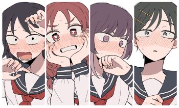 4girls alternate_costume black_eyes black_hair blue_sailor_collar blunt_bangs blush bright_pupils column_lineup commentary covering_own_mouth embarrassed flustered fujii_ayame furrowed_brow futsuu_no_keion-bu grey_eyes hair_ornament hairpin hands_on_own_cheeks hands_on_own_face hands_up hatono_chihiro heartbreak_(futsuu_no_keion-bu) highres inusuki_kogeta kouyama_rin looking_at_viewer multiple_girls neckerchief open_mouth parted_lips pixie_cut portrait purple_eyes purple_hair red_eyes red_hair red_neckerchief sailor_collar sailor_shirt school_uniform shirt short_hair small_pupils surprised uchida_momo upper_body v-shaped_eyebrows wavy_eyes wavy_mouth white_pupils white_shirt wolf_cut