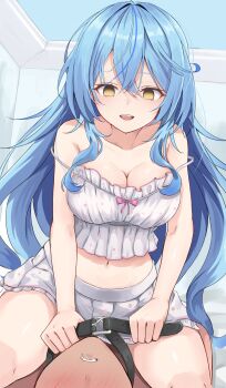 1boy 1girl absurdres blue_hair breasts camisole commentary crazy_eyes crazy_smile double-parted_bangs double_strap_slip empty_eyes faceless faceless_male frilled_camisole frilled_skirt frills girl_on_top hair_between_eyes head_between_thighs highres hololive indoors large_breasts long_hair looking_at_another messy_hair midriff miniskirt multicolored_hair navel official_alternate_costume official_alternate_hairstyle polka_dot polka_dot_camisole polka_dot_skirt skirt sleepwear smile solo_focus strangling streaked_hair thighs tonton_utaro very_long_hair virtual_youtuber white_camisole white_skirt yellow_eyes yukihana_lamy yukihana_lamy_(roomwear)