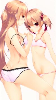 2girls artist_request ass asuna_(sao) ayano_keiko bare_shoulders blush bra braid breasts brown_eyes brown_hair cleavage collarbone edging_bra edging_panties edging_underwear female_focus flat_chest hair_ornament highres legs loli long_hair looking_at_viewer medium_breasts medium_hair midriff multiple_girls navel open_mouth panties red_eyes sexually_suggestive silica simple_background small_breasts stomach sword_art_online thighs twintails underwear white_background white_bra white_panties