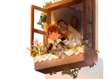 1girl :3 animal_ears apron bat_(animal) black_dress blue_ribbon brooch brown_eyes brown_hair brown_ribbon clenched_hands closed_mouth cocoa_(shinyshynii) collar commentary dragon dress elbow_rest english_commentary floating_hair flower flower_pot frilled_apron frills from_below hair_ribbon hands_on_own_cheeks hands_on_own_face hands_up hanging_plant highres horns jewelry juliet_sleeves leaf light_rays long_hair long_sleeves looking_at_viewer looking_outside mole mole_under_eye neck_ribbon open_window original plant planter potted_plant puffy_sleeves ribbon shinyshynii sidelighting simple_background small_dragon smile swept_bangs upper_body white_apron white_background white_collar white_wrist_cuffs window windowsill wolf_ears wolf_girl wrist_cuffs