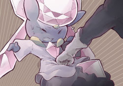 1girl 1other animal_ears black_shirt brown_background chest_jewel clenched_teeth closed_eyes colored_skin diancie female_focus gem gen_6_pokemon gerigoo gloves grey_skin highres legendary_pokemon long_hair mythical_pokemon nintendo outstretched_arm pain pink_gemstone pink_hair pokemon pokemon_(creature) punching ryona shirt simple_background solo_focus stomach_punch sweat teeth twintails white_gloves white_shirt