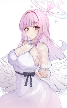 1girl absurdres alternate_costume asaikeu blue_archive blush breasts cleavage commentary dress feathered_wings hair_intakes half_updo halo highres large_breasts long_hair looking_at_viewer mika_(blue_archive) pink_hair see-through_cleavage see-through_clothes see-through_dress see-through_sleeves smile solo very_long_hair white_dress white_wings wings yellow_eyes