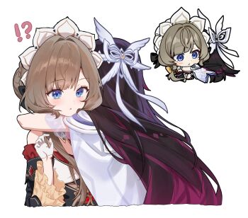 !? 2girls arm_hug bare_shoulders black_hair blue_eyes blush brown_hair chibi columbina_(genshin_impact) commentary detached_collar detached_sleeves dress genshin_impact genshin_impact_sticker_redraw_(meme) gloves hair_ornament hand_up head_wings highres hug long_hair long_sleeves luna_(luna610) meme multicolored_hair multiple_girls parted_lips pink_hair reference_inset sandrone_(genshin_impact) short_hair_with_long_locks simple_background symbol-only_commentary two-tone_hair white_background white_dress white_gloves wing_hair_ornament wings