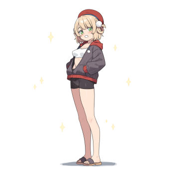 1girl beret bike_shorts black_shorts blonde_hair blush braid breasts brown_sandals commentary_request drawstring full_body green_eyes grey_jacket hair_rings hands_in_pockets hat hatsunatsu hood hood_down hooded_jacket indie_virtual_youtuber jacket looking_at_viewer medium_breasts pinstripe_jacket pinstripe_pattern red_hat sandals shadow shigure_ui_(vtuber) shigure_ui_(vtuber)_(1st_costume) shorts simple_background smile solo sparkle standing virtual_youtuber white_background