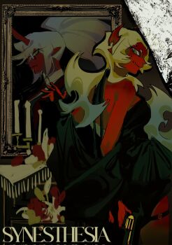 2girls black_suit blue_hair colored_skin demon_girl demon_horns formal_clothes green_eyes green_hair gun guru.zong hashtag-only_commentary highres holding holding_gun holding_weapon horns kneesocks_(psg) long_hair multiple_girls panty_&amp;_stocking_with_garterbelt ponytail red_skin scanty_(psg) slit_pupils suit weapon