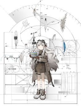 1girl absurdres arrow_(symbol) bare_shoulders belt belt_buckle black_belt brown_coat brown_gloves brown_skirt buckle chinese_commentary closed_mouth clothing_cutout coat commentary_request engineer feathers full_body gloves goggles goggles_on_head grey_hair highres holding jixing long_hair long_sleeves looking_up math open_clothes open_coat original pencil_skirt physics pink_eyes shoulder_cutout skirt smile solo standing thigh_belt thigh_strap turtleneck zipper zipper_pull_tab