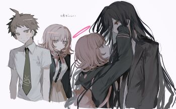 Rule 34 | 1girl, 2boys, ahoge, animal ear hood, black hair, brown hair, brown skirt, collared shirt, comforting, danganronpa (series), danganronpa 2: goodbye despair, dual persona, fake animal ears, green necktie, halo, hand in another's hair, hand on another's cheek, hand on another's face, highres, hinata hajime, hood, hood down, hoodie, inagoinaire, jacket, kamukura izuru, lapels, long hair, long sleeves, multiple boys, multiple views, nanami chiaki, neck ribbon, necktie, pink eyes, pink hair, pink halo, pink ribbon, red eyes, ribbon, shirt, short hair, short sleeves, simple background, skirt, suit jacket, tears, upper body, very long hair, white background, white shirt