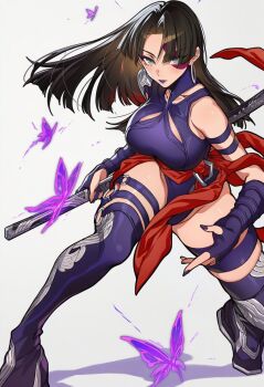 1girl bare_shoulders black_hair boots breasts female_focus fingerless_gloves gloves hair_over_one_eye highleg highleg_leotard highres large_breasts leotard marvel marvel_rivals psylocke psylocke_(marvel_rivals) purple_boots purple_gloves purple_leotard solo superhero_costume warotamin3 x-men