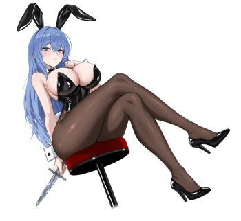 1girl animal_ear_hairband animal_ears black_bow black_bowtie black_leotard black_shoes blue_eyes blue_hair bow bowtie breasts commentary commission detached_collar english_commentary evil_rat fake_animal_ears fukuchi_reimi_(lmasayoshi) hairband high_heels highres holding holding_knife knife large_breasts leotard long_hair original pantyhose playboy_bunny rabbit_ear_hairband rabbit_ears shoes sitting solo white_wrist_cuffs wrist_cuffs