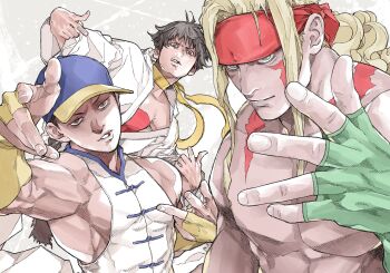 Rule 34 | 1girl, 2boys, absurdres, alex (street fighter), black hair, blonde hair, blue eyes, blue hat, bodypaint, bra, bridal gauntlets, brown eyes, dougi, facepaint, fingerless gloves, gloves, hands up, hat, headband, highres, karate gi, looking at viewer, makoto (street fighter), multiple boys, neck ribbon, red bra, red headband, ribbon, shirt, sleeveless, sleeveless shirt, smile, street fighter, street fighter iii (series), teeth, tomboy, toned, toned male, topless male, underwear, yellow ribbon, yoshihara motoki, yun lee