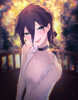 1girl absurdres black_choker breasts chainsaw_man choker collared_shirt flower green_eyes hair_between_eyes hair_bun highres medium_hair oolisa_won open_clothes open_mouth open_shirt purple_hair reze_(chainsaw_man) shirt sleeveless sleeveless_shirt small_breasts solo white_shirt yellow_flower