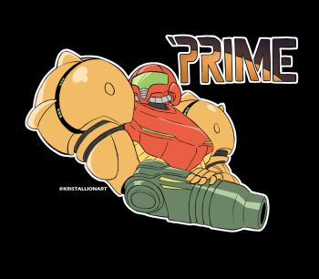 Rule 34 | 1girl, armor, artist name, assault visor, black background, commentary request, copyright name, full armor, green visor, highres, kristallion, metroid, metroid prime 1, nintendo, outline, power armor, power suit (metroid), samus aran, science fiction, simple background, solo, twitter username, varia suit, white outline