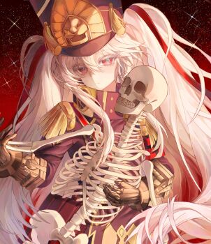1girl aegyo_sal altair_(re:creators) armband belt_bag black_armband black_coat black_hat bone closed_mouth coat coat_dress colored_eyelashes dress epaulettes eyelashes frown gauntlets gold_trim hair_between_eyes hair_ribbon hat highres holding_skeleton lion_head_(ornament) long_bangs long_hair military_hat military_uniform multicolored_eyes raised_eyebrows re:creators red_armband red_background red_eyes red_ribbon ribbon ribs shako_cap sidelocks skeleton skull solo star_(sky) teeth twintails two-tone_armband two-tone_eyes user_wram5347 white_eyelashes white_hair