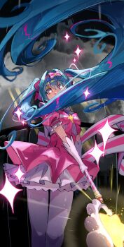1girl back_bow blue_hair bow commentary covered_mouth dress elbow_gloves floating_hair frilled_dress frills gloves glowing glowing_eyes hair_between_eyes hair_bow hair_intakes hatsune_miku highres holding holding_wand ima_sugu_rinne_(vocaloid) long_hair looking_at_viewer pantyhose pink_bow pink_dress puffy_short_sleeves puffy_sleeves rnp_02 short_sleeves solo standing star_(symbol) star_in_eye symbol_in_eye very_long_hair vocaloid wand white_gloves white_pantyhose