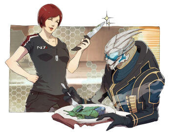 Rule 34 | alien, commander shepard, commander shepard (female), couple, food, fork, garrus vakarian, hand on own hip, image sample, knife, mass effect (series), pixiv, pixiv sample, smile, turian, wei